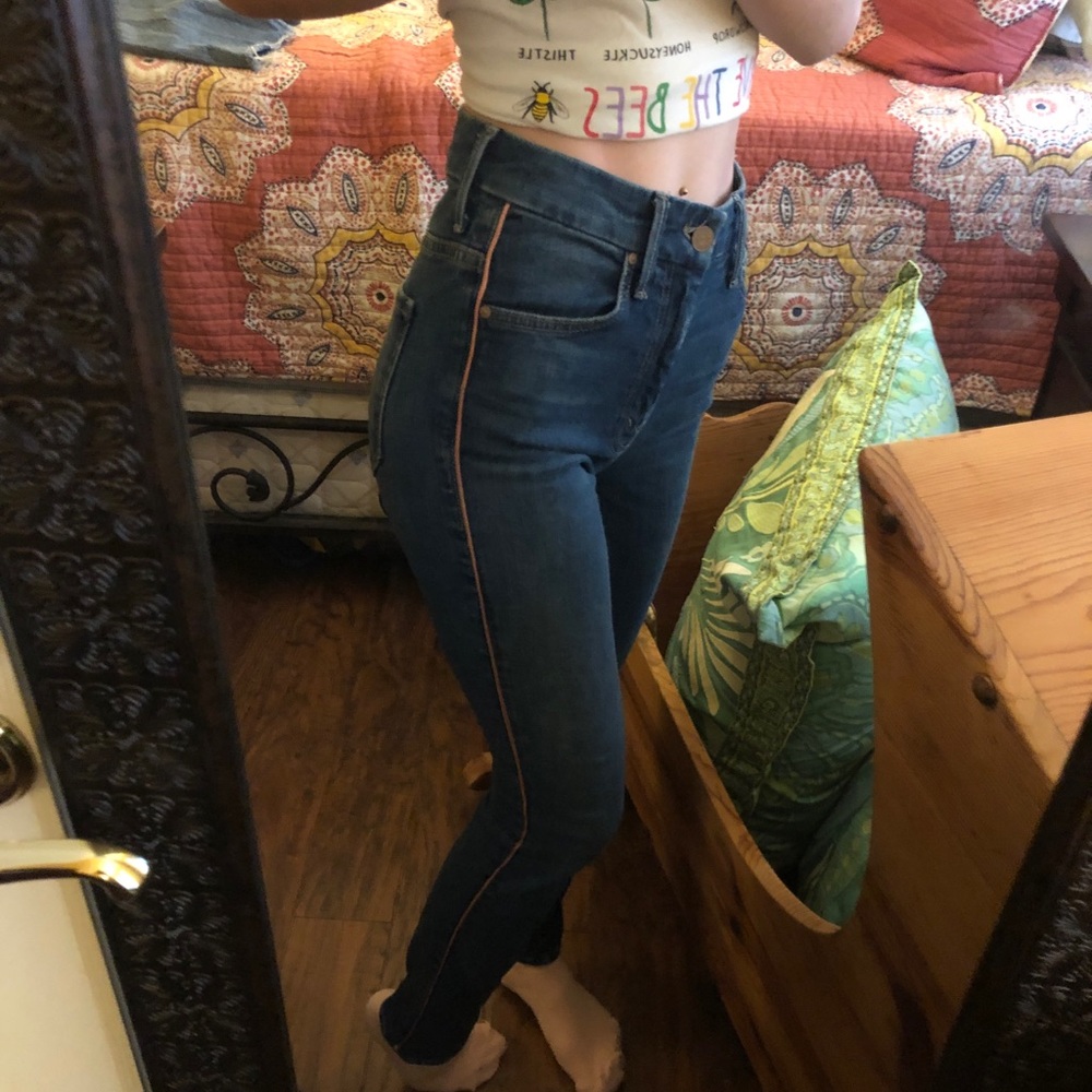 Mother side stripe straight fit jeans